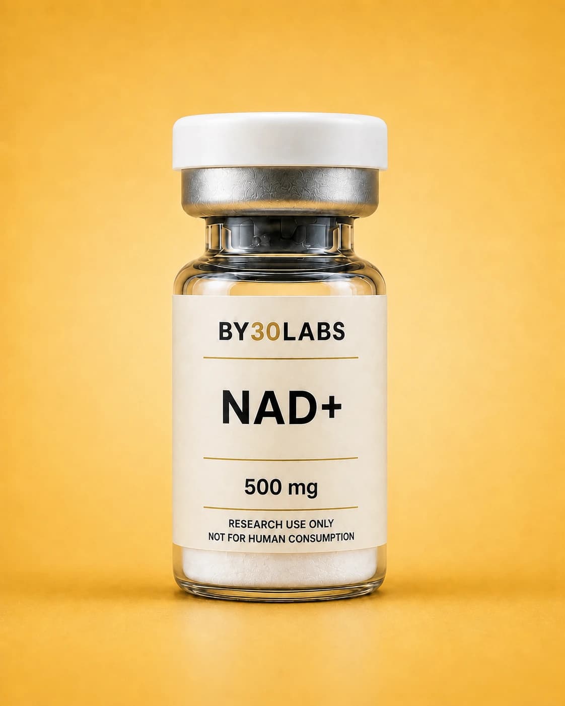 NAD+ 500 mg. By30Labs NAD+ 500 mg research vial on a warm golden background