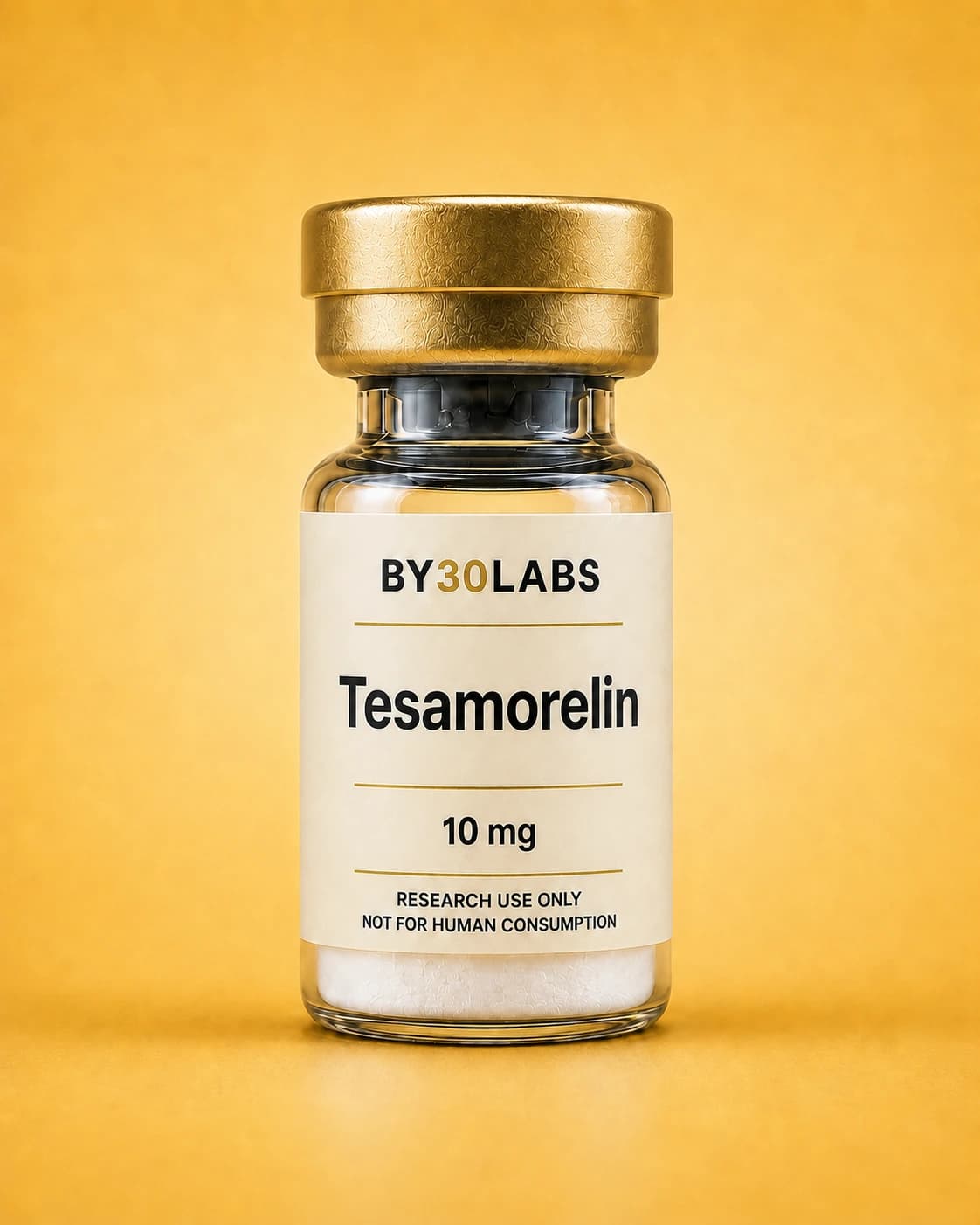 Tesamorelin 10 mg. By30Labs Tesamorelin 10 mg research vial on a warm golden background